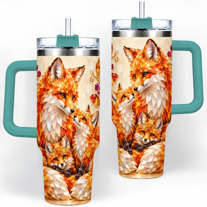 #pl[40oz|Green] Autumn Fox Tumbler 40oz, Fox Family Jewel Leaf Woodland Nature Artwork