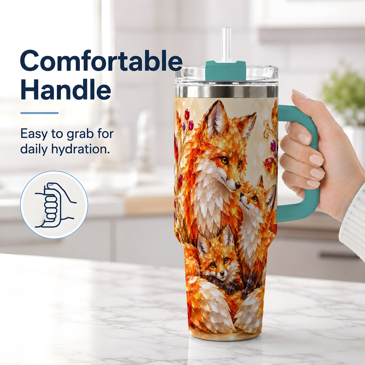 #pl[40oz|Green] Autumn Fox Tumbler 40oz, Fox Family Jewel Leaf Woodland Nature Artwork