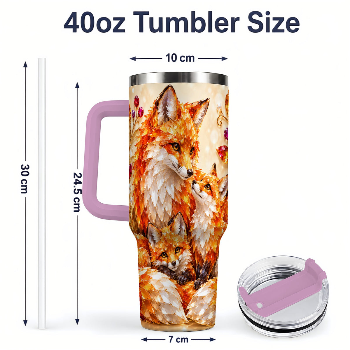 #pl[40oz|Pink] Autumn Fox Tumbler 40oz, Fox Family Jewel Leaf Woodland Nature Artwork