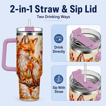 #pl[40oz|Pink] Autumn Fox Tumbler 40oz, Fox Family Jewel Leaf Woodland Nature Artwork