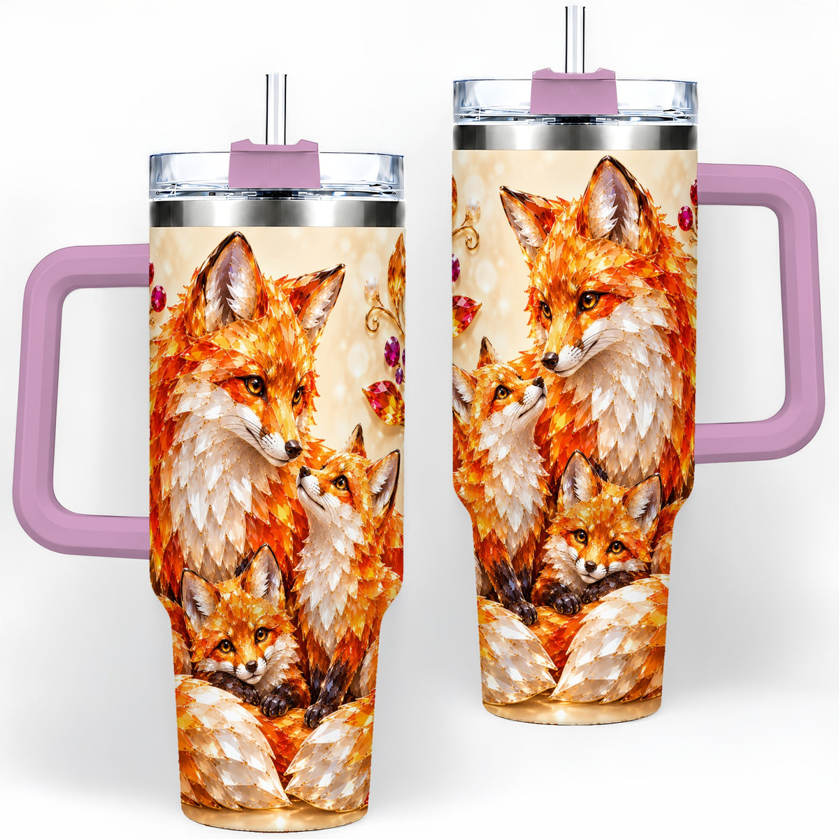 #pl[40oz|Pink] Autumn Fox Tumbler 40oz, Fox Family Jewel Leaf Woodland Nature Artwork