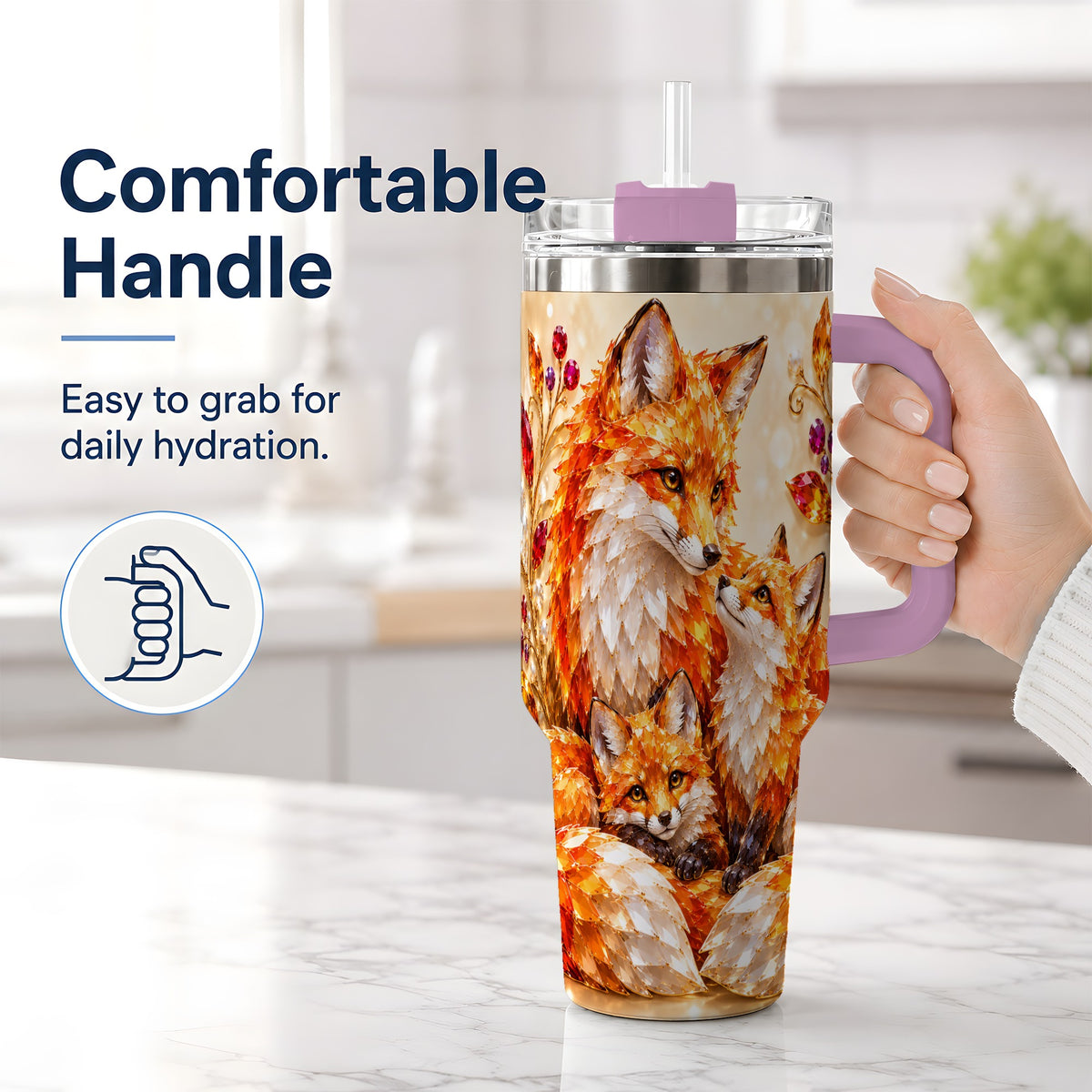 #pl[40oz|Pink] Autumn Fox Tumbler 40oz, Fox Family Jewel Leaf Woodland Nature Artwork