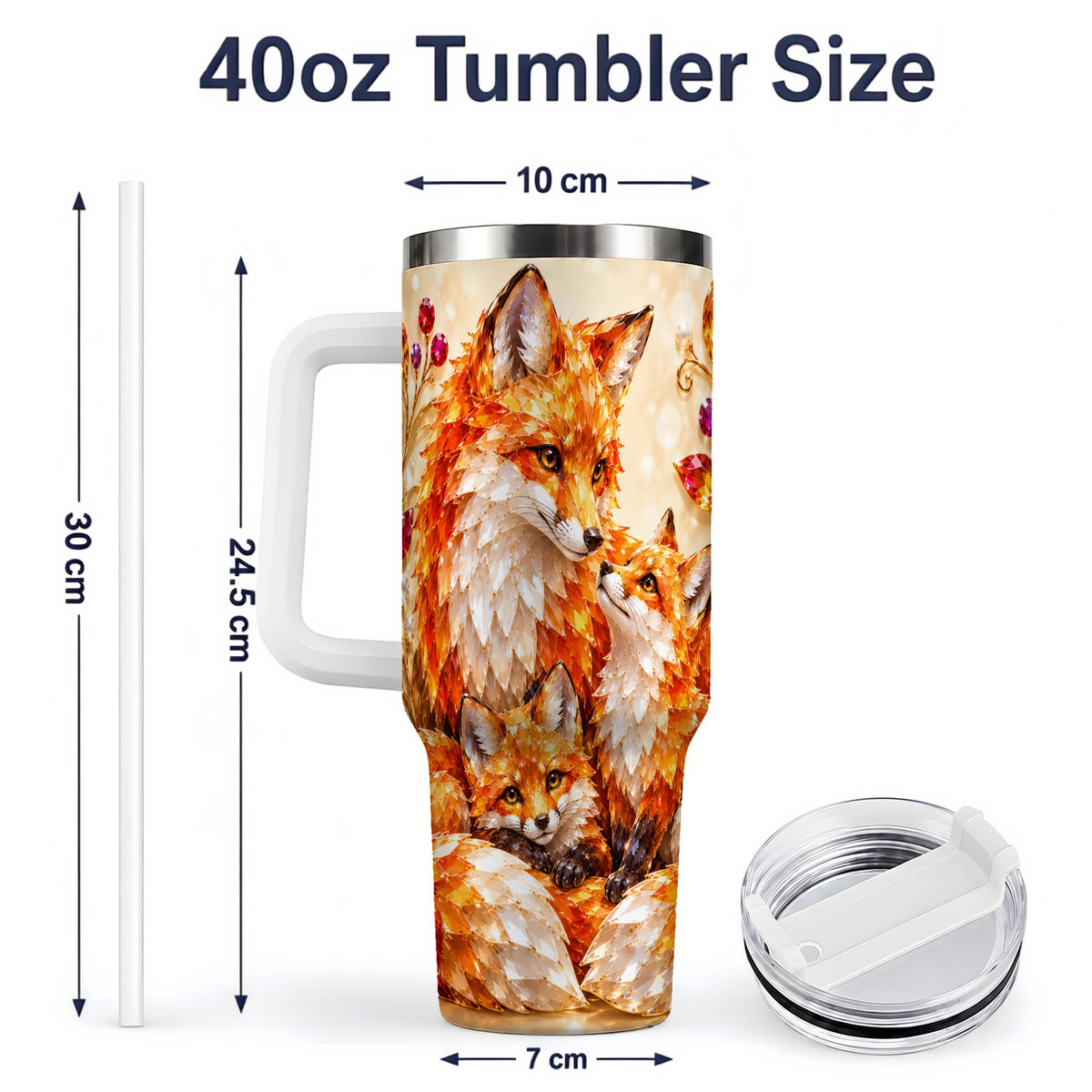 #pl[40oz|White] Autumn Fox Tumbler 40oz, Fox Family Jewel Leaf Woodland Nature Artwork