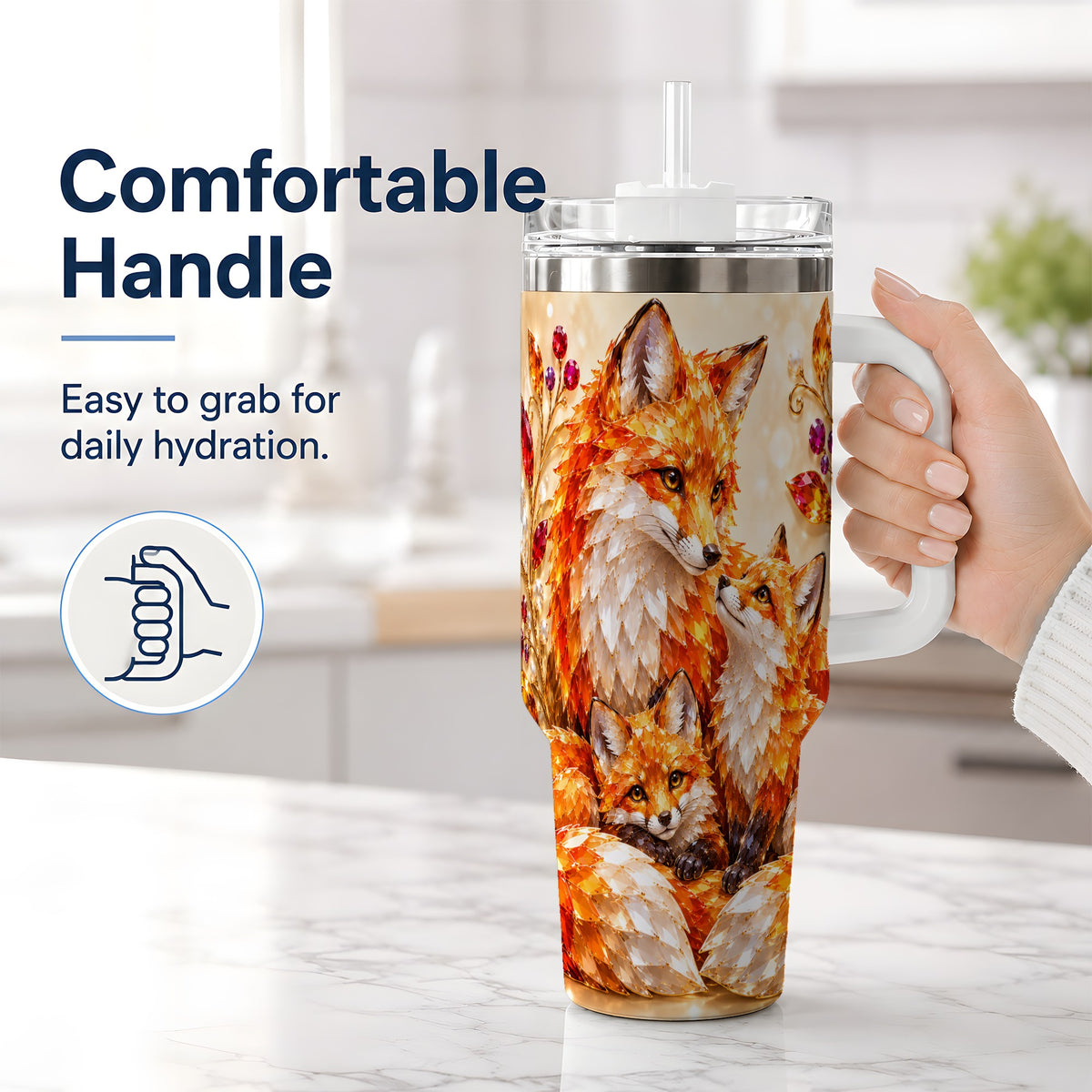 #pl[40oz|White] Autumn Fox Tumbler 40oz, Fox Family Jewel Leaf Woodland Nature Artwork