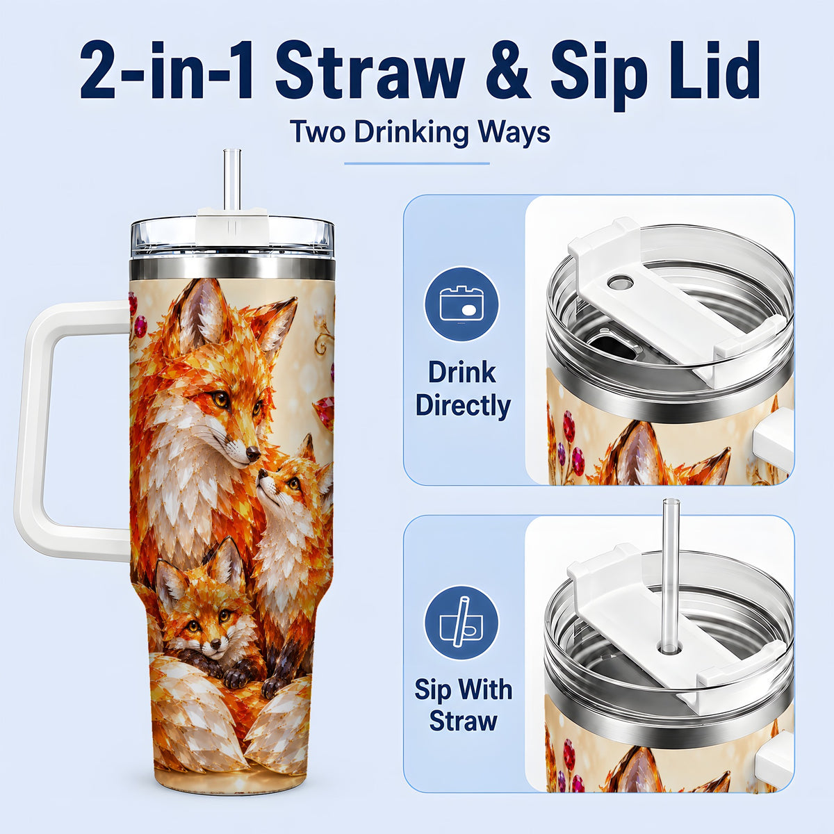 #pl[40oz|White] Autumn Fox Tumbler 40oz, Fox Family Jewel Leaf Woodland Nature Artwork