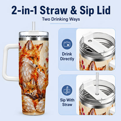 #pl[40oz|White] Autumn Fox Tumbler 40oz, Fox Family Jewel Leaf Woodland Nature Artwork