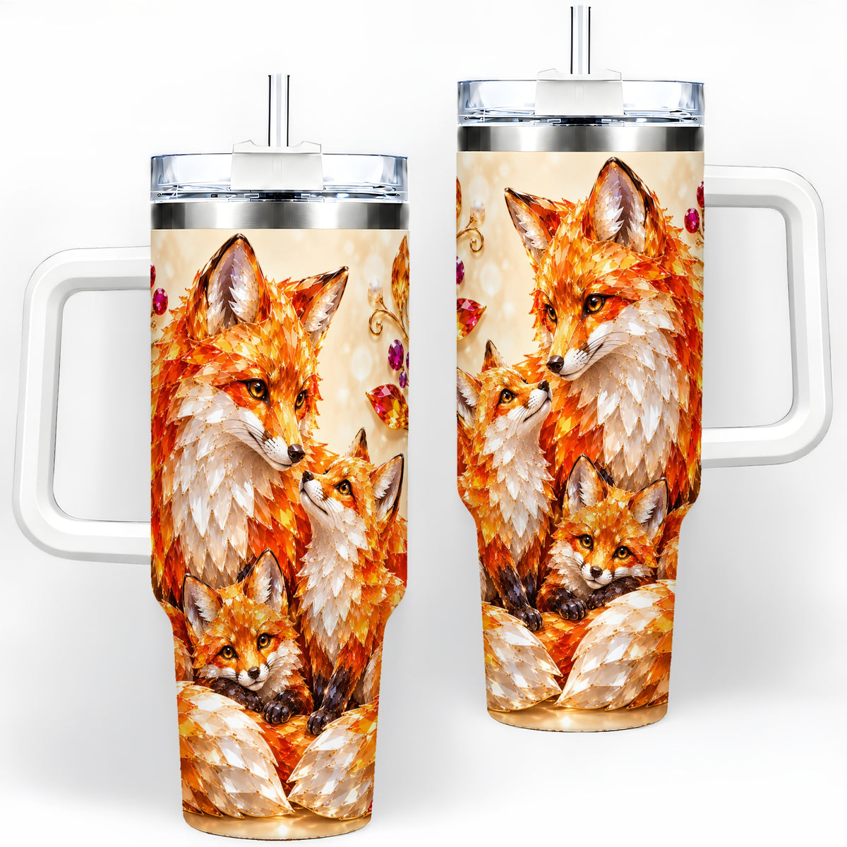 Autumn Fox Tumbler 40oz, Fox Family Jewel Leaf Woodland Nature Artwork