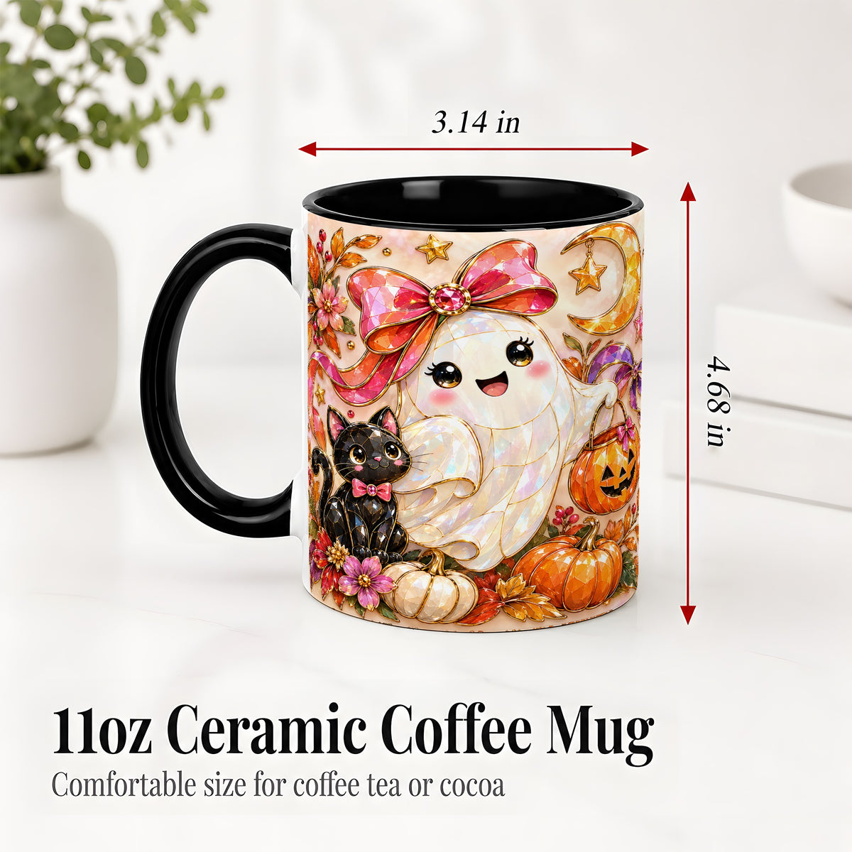 #pl[11oz|Black] Cute Halloween Ghost Cat Ceramic Mug, Pumpkin Moon Artwork