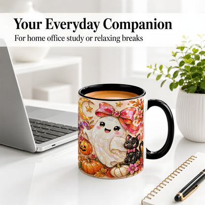 #pl[11oz|Black] Cute Halloween Ghost Cat Ceramic Mug, Pumpkin Moon Artwork