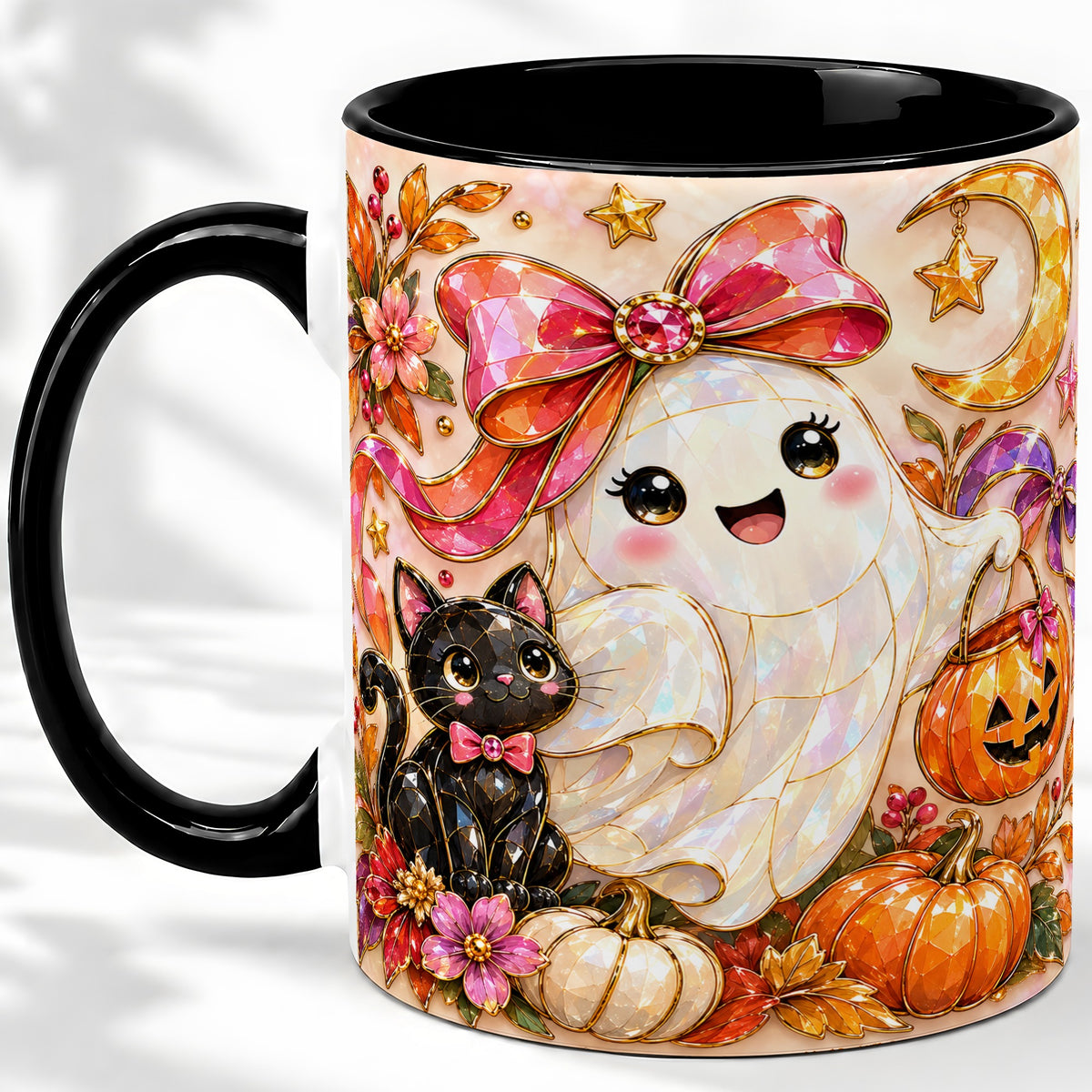 #pl[11oz|Black] Cute Halloween Ghost Cat Ceramic Mug, Pumpkin Moon Artwork