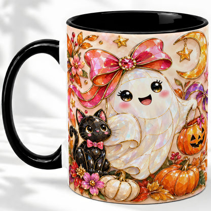 #pl[11oz|Black] Cute Halloween Ghost Cat Ceramic Mug, Pumpkin Moon Artwork