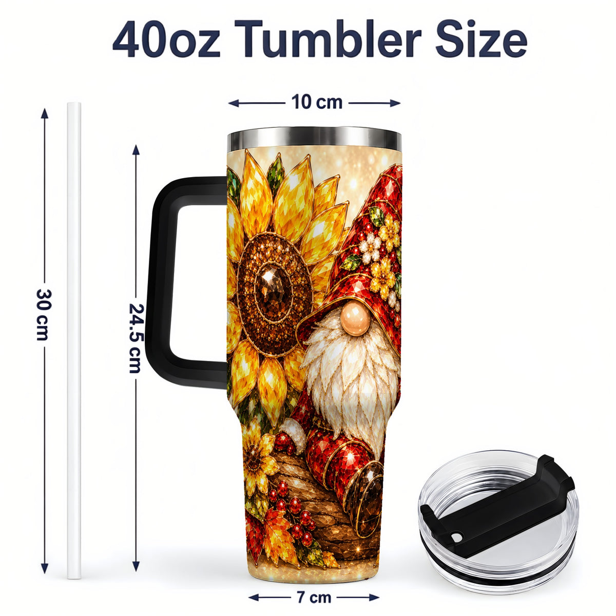 #pl[40oz|Black] Autumn Gnome Tumbler 40oz, Sunflower Maple Leaf Fall Garden Artwork