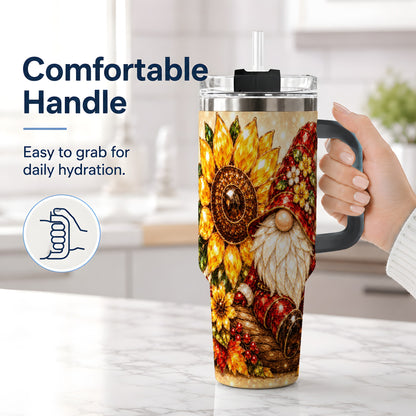 #pl[40oz|Black] Autumn Gnome Tumbler 40oz, Sunflower Maple Leaf Fall Garden Artwork