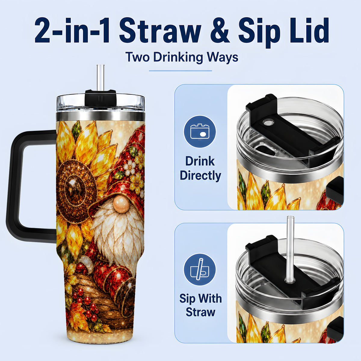 #pl[40oz|Black] Autumn Gnome Tumbler 40oz, Sunflower Maple Leaf Fall Garden Artwork