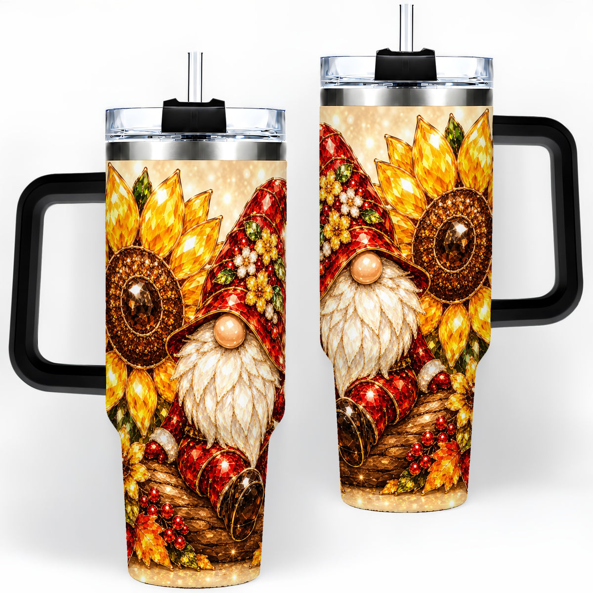 #pl[40oz|Black] Autumn Gnome Tumbler 40oz, Sunflower Maple Leaf Fall Garden Artwork