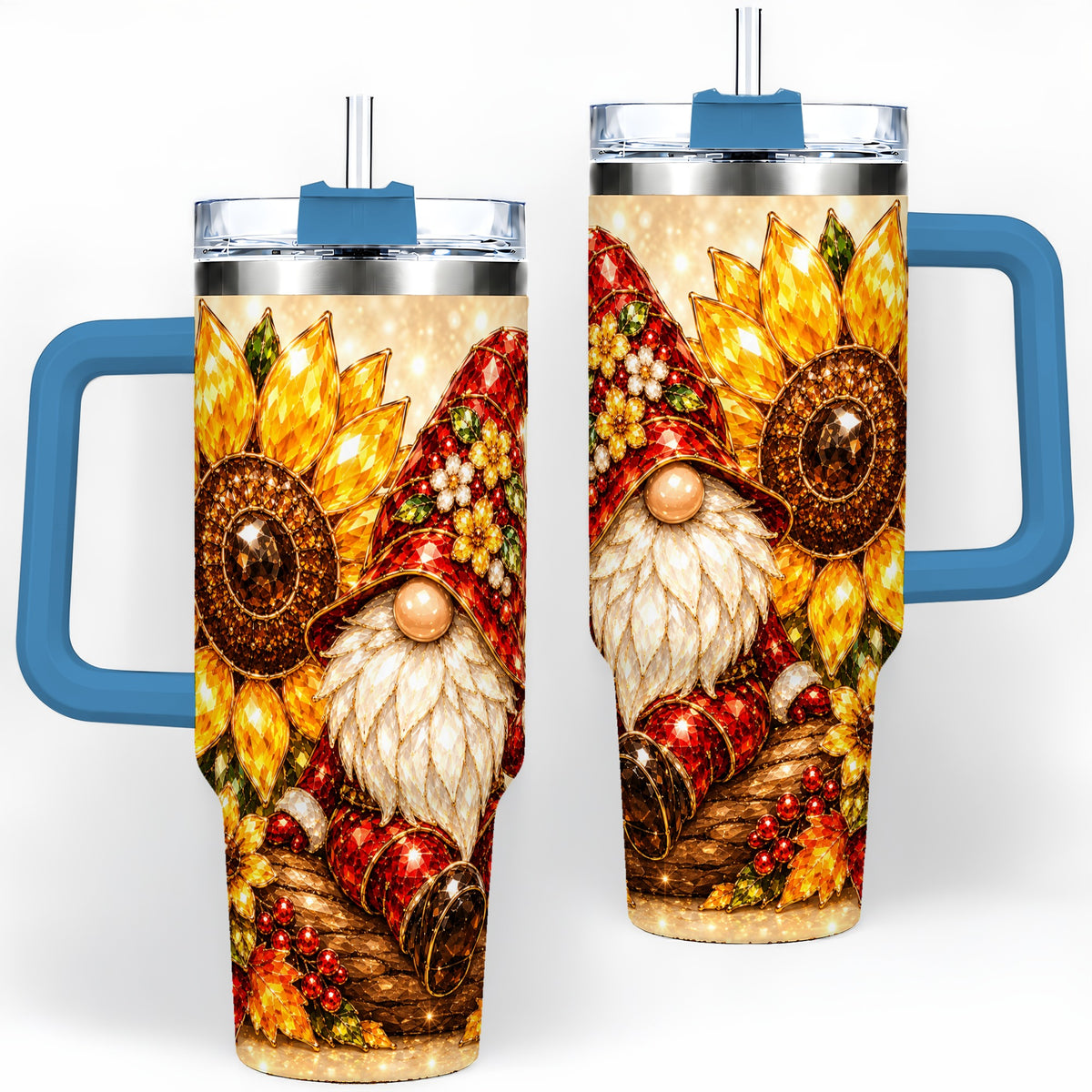 #pl[40oz|Blue] Autumn Gnome Tumbler 40oz, Sunflower Maple Leaf Fall Garden Artwork
