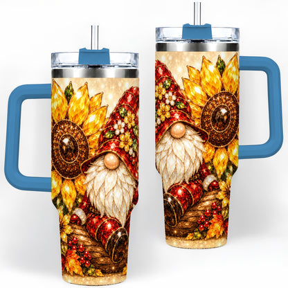 #pl[40oz|Blue] Autumn Gnome Tumbler 40oz, Sunflower Maple Leaf Fall Garden Artwork