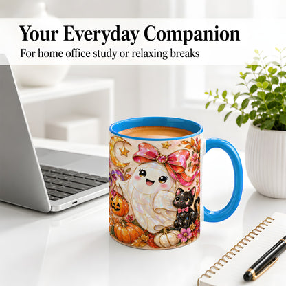 #pl[11oz|Blue] Cute Halloween Ghost Cat Ceramic Mug, Pumpkin Moon Artwork