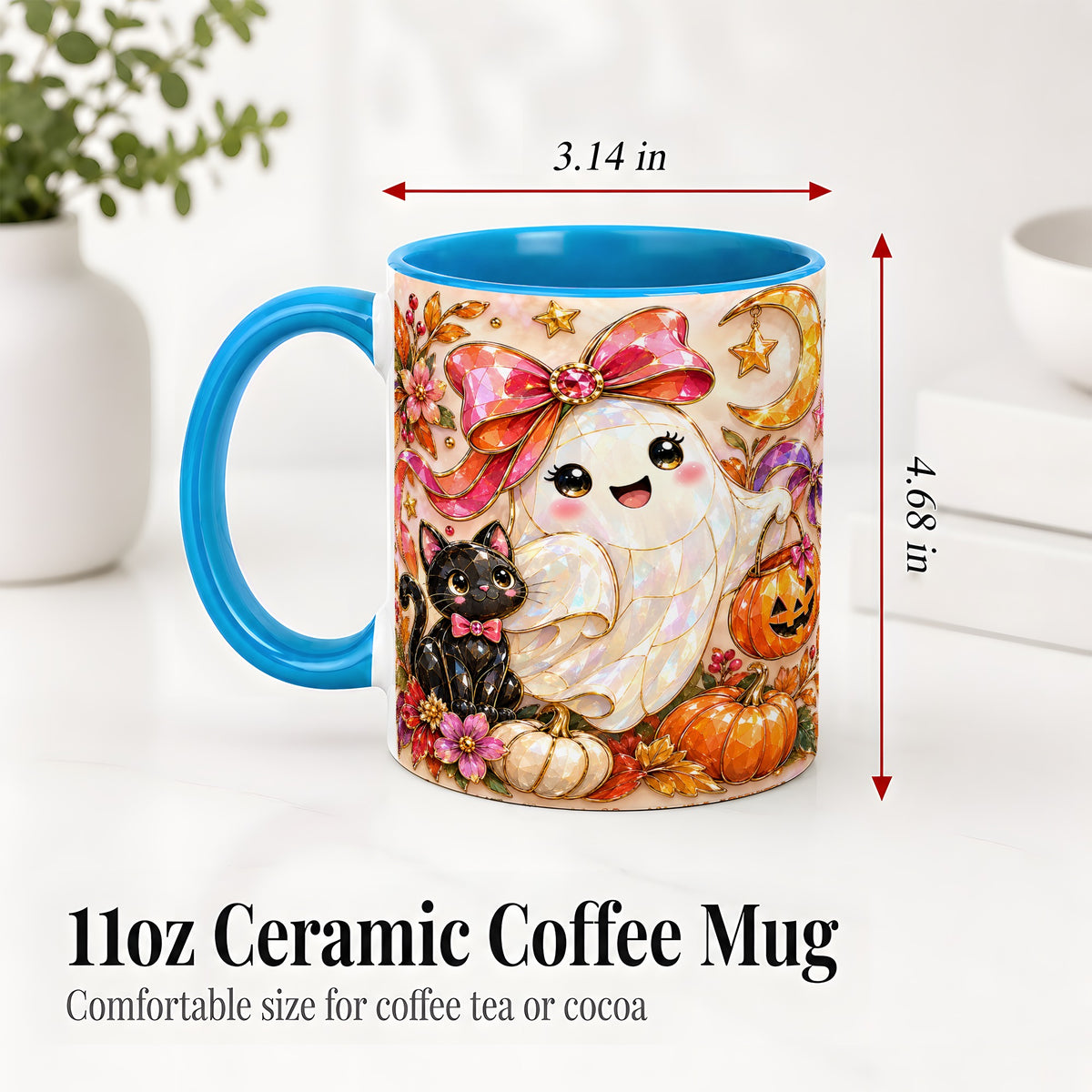 #pl[11oz|Blue] Cute Halloween Ghost Cat Ceramic Mug, Pumpkin Moon Artwork