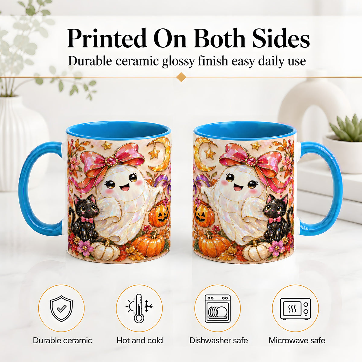#pl[11oz|Blue] Cute Halloween Ghost Cat Ceramic Mug, Pumpkin Moon Artwork