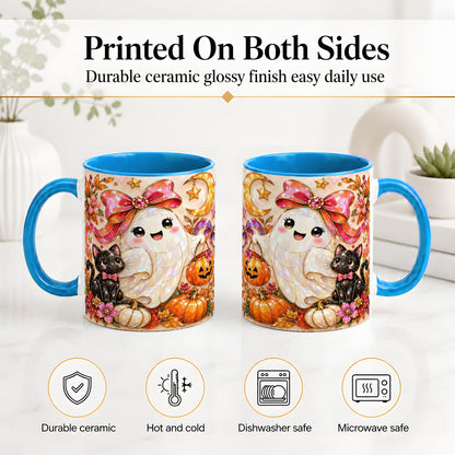 #pl[11oz|Blue] Cute Halloween Ghost Cat Ceramic Mug, Pumpkin Moon Artwork