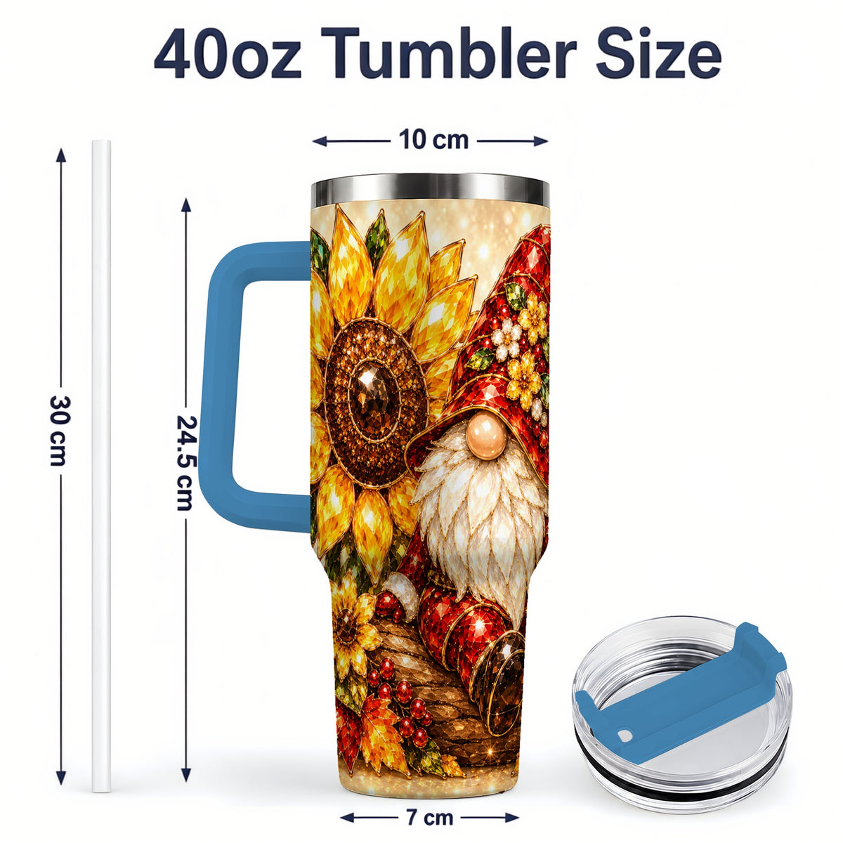 #pl[40oz|Blue] Autumn Gnome Tumbler 40oz, Sunflower Maple Leaf Fall Garden Artwork