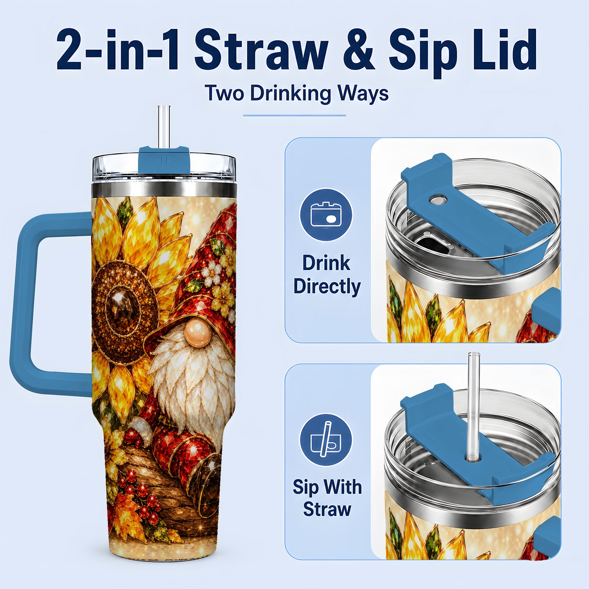 #pl[40oz|Blue] Autumn Gnome Tumbler 40oz, Sunflower Maple Leaf Fall Garden Artwork
