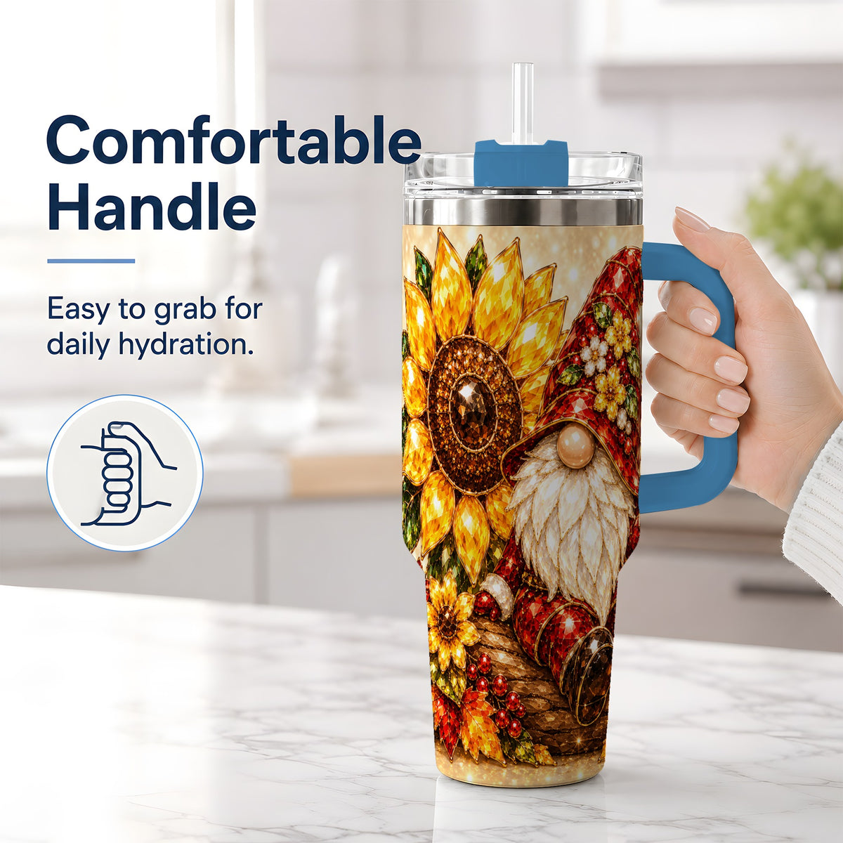 #pl[40oz|Blue] Autumn Gnome Tumbler 40oz, Sunflower Maple Leaf Fall Garden Artwork