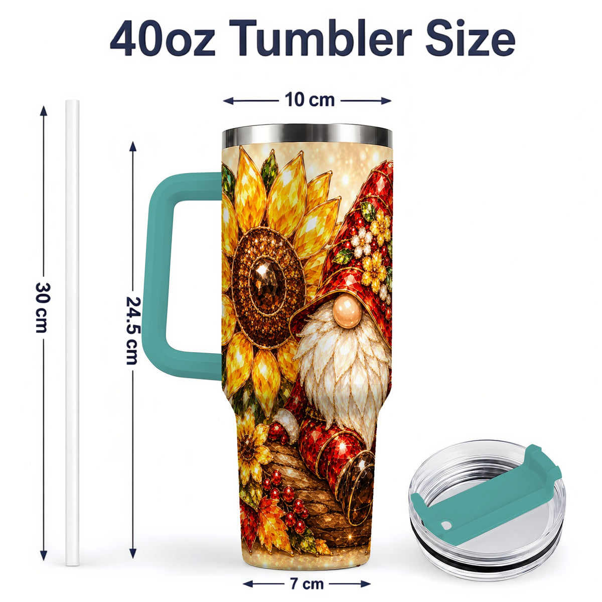 #pl[40oz|Green] Autumn Gnome Tumbler 40oz, Sunflower Maple Leaf Fall Garden Artwork