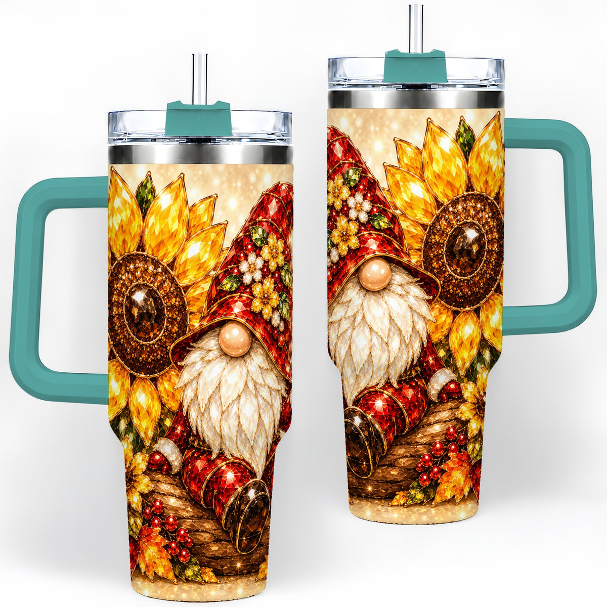 #pl[40oz|Green] Autumn Gnome Tumbler 40oz, Sunflower Maple Leaf Fall Garden Artwork