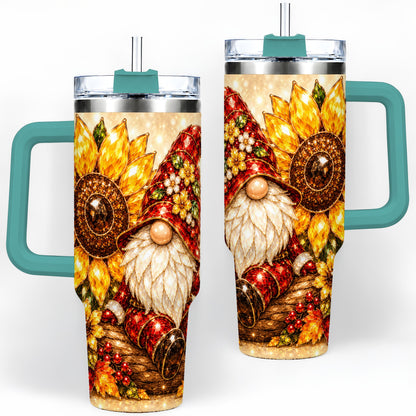#pl[40oz|Green] Autumn Gnome Tumbler 40oz, Sunflower Maple Leaf Fall Garden Artwork