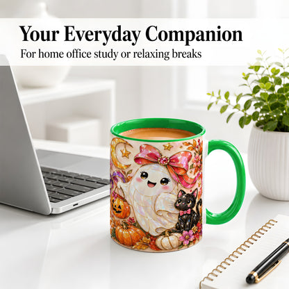 #pl[11oz|Green] Cute Halloween Ghost Cat Ceramic Mug, Pumpkin Moon Artwork