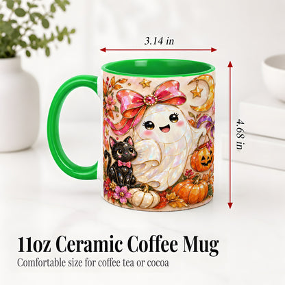 #pl[11oz|Green] Cute Halloween Ghost Cat Ceramic Mug, Pumpkin Moon Artwork
