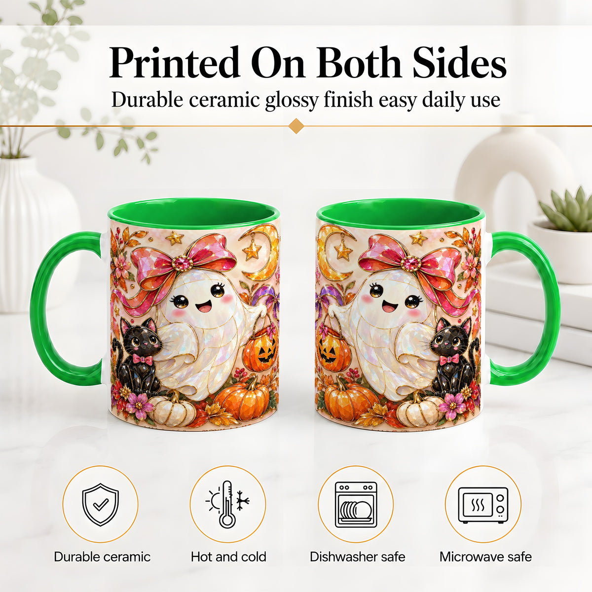 #pl[11oz|Green] Cute Halloween Ghost Cat Ceramic Mug, Pumpkin Moon Artwork