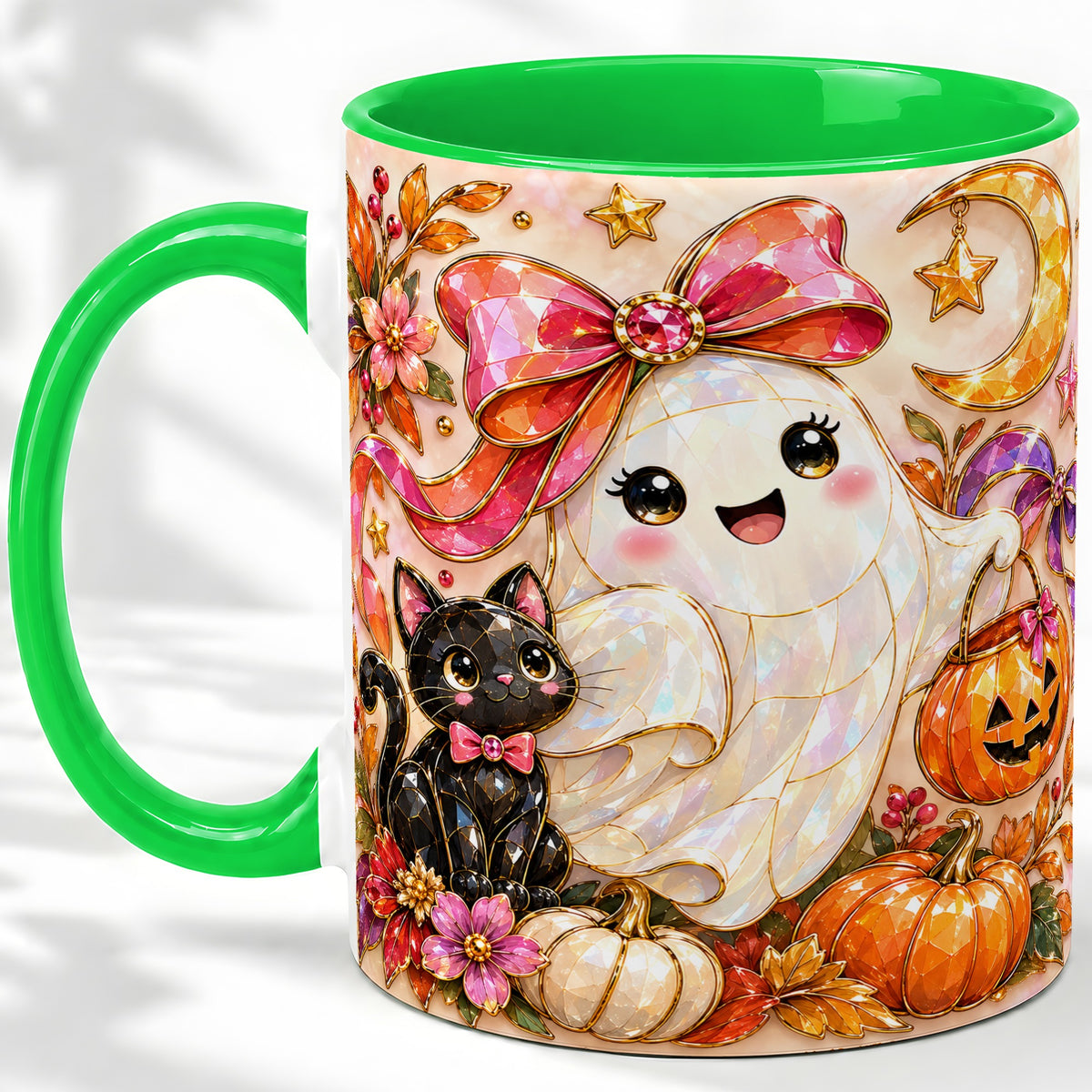 #pl[11oz|Green] Cute Halloween Ghost Cat Ceramic Mug, Pumpkin Moon Artwork