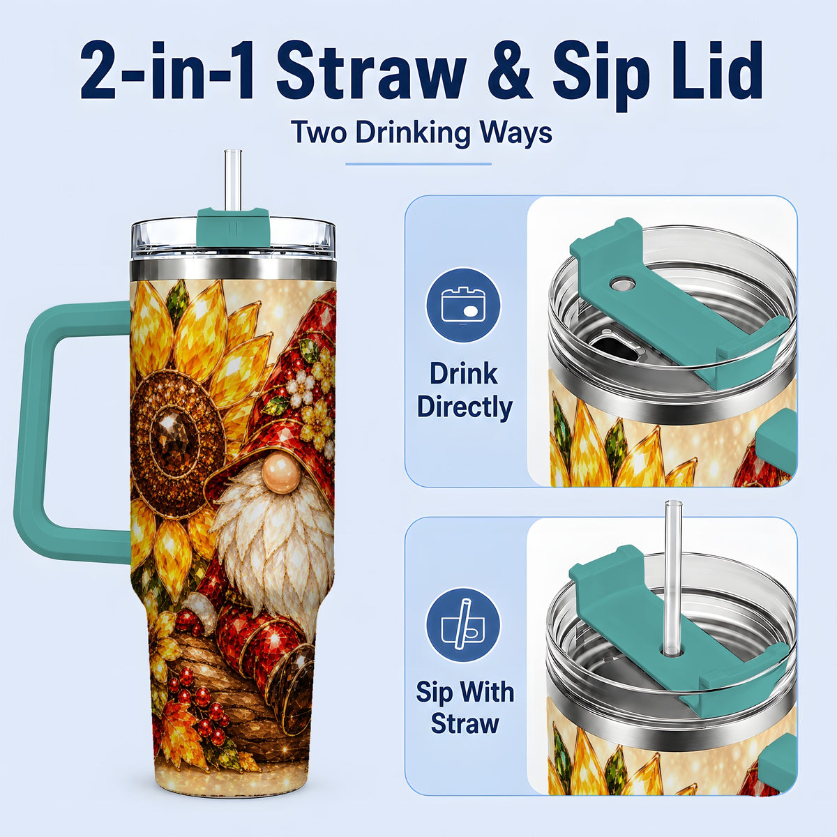#pl[40oz|Green] Autumn Gnome Tumbler 40oz, Sunflower Maple Leaf Fall Garden Artwork