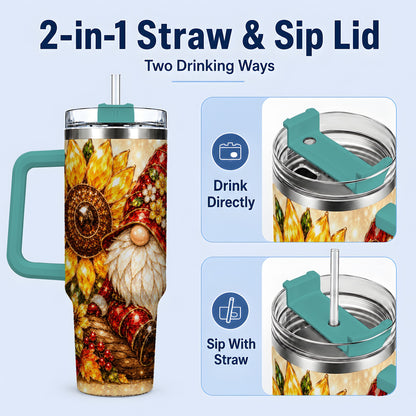 #pl[40oz|Green] Autumn Gnome Tumbler 40oz, Sunflower Maple Leaf Fall Garden Artwork