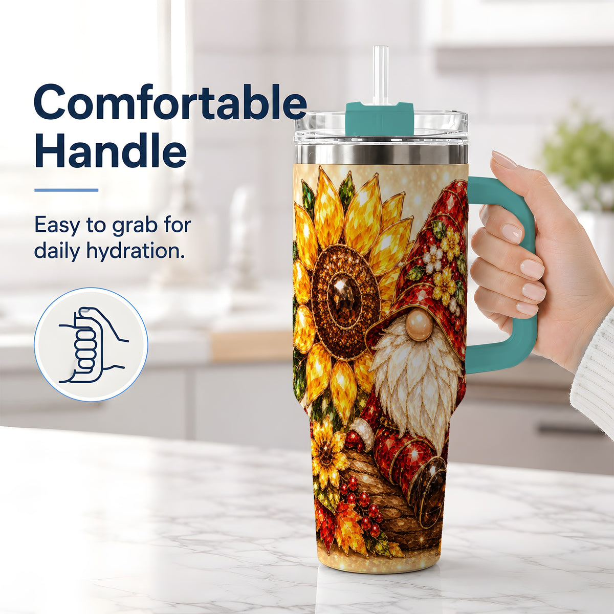#pl[40oz|Green] Autumn Gnome Tumbler 40oz, Sunflower Maple Leaf Fall Garden Artwork