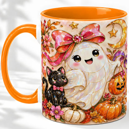 #pl[11oz|Orange] Cute Halloween Ghost Cat Ceramic Mug, Pumpkin Moon Artwork