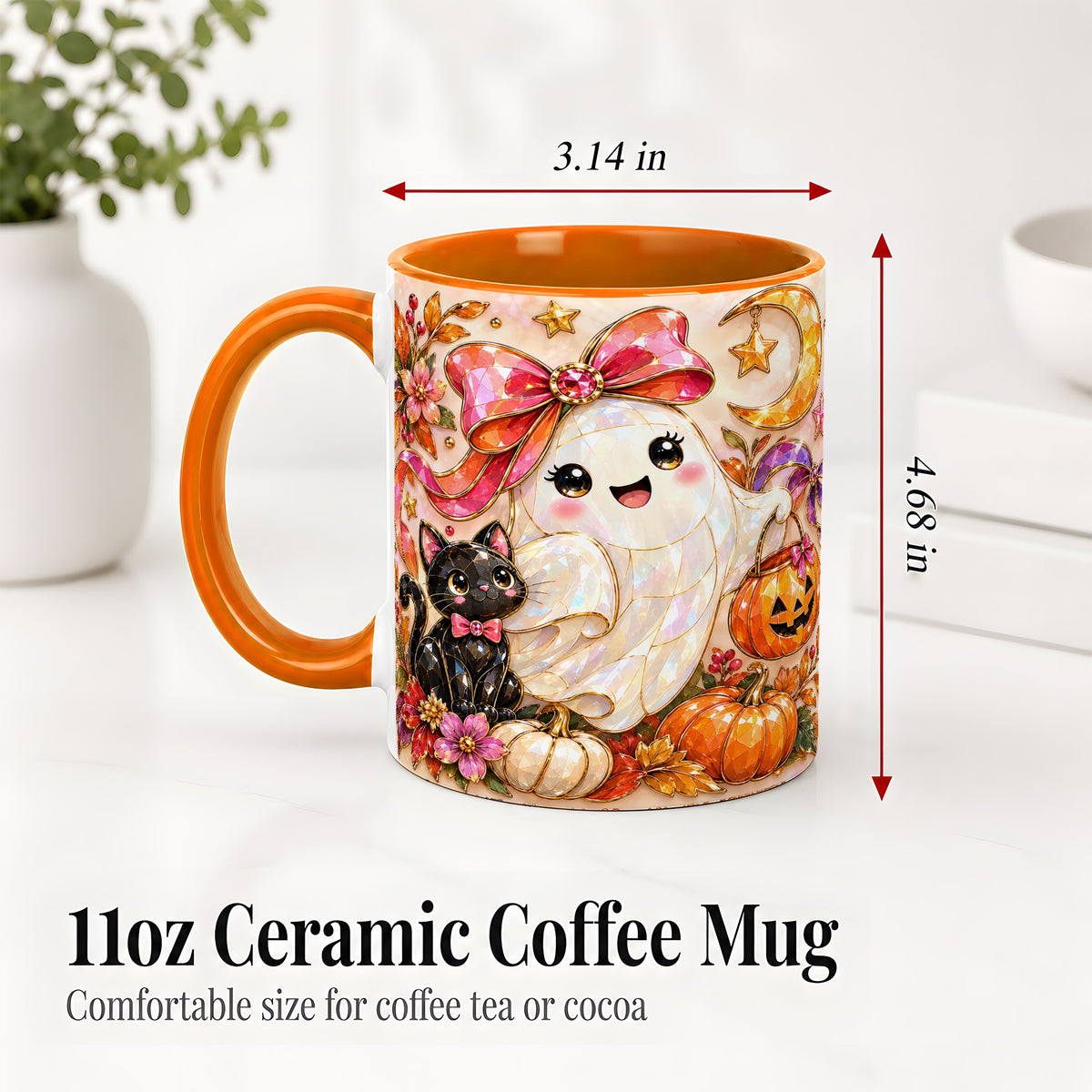 #pl[11oz|Orange] Cute Halloween Ghost Cat Ceramic Mug, Pumpkin Moon Artwork