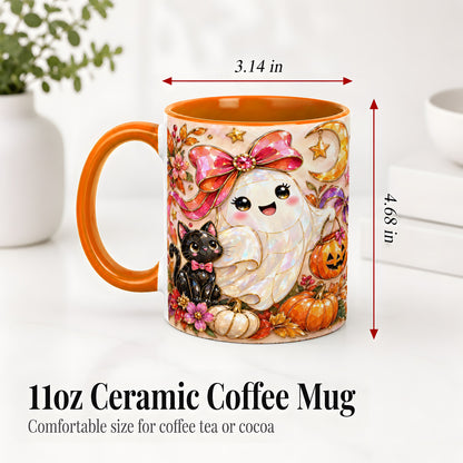 #pl[11oz|Orange] Cute Halloween Ghost Cat Ceramic Mug, Pumpkin Moon Artwork