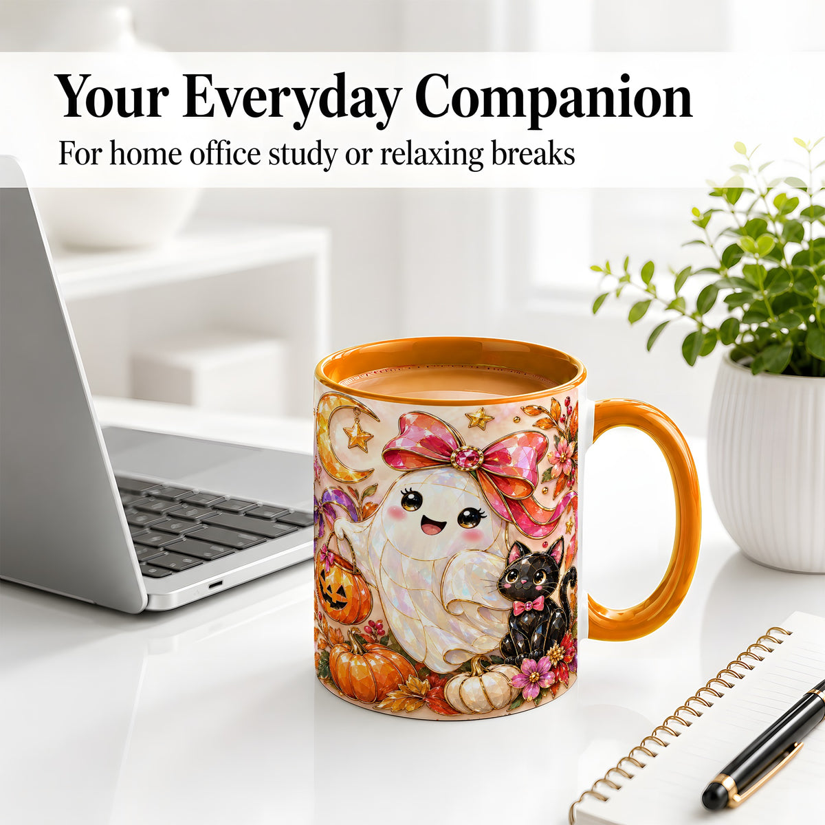 #pl[11oz|Orange] Cute Halloween Ghost Cat Ceramic Mug, Pumpkin Moon Artwork