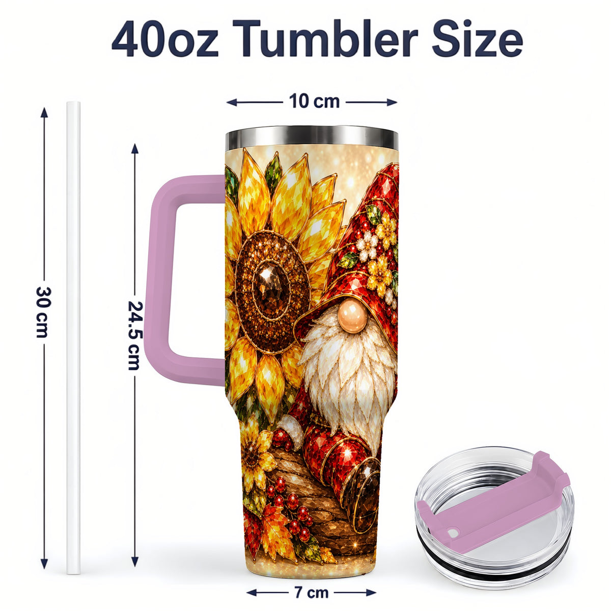 #pl[40oz|Pink] Autumn Gnome Tumbler 40oz, Sunflower Maple Leaf Fall Garden Artwork