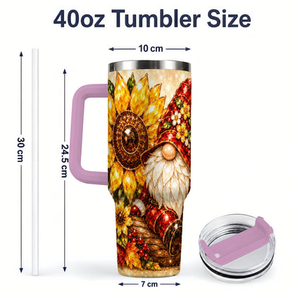 #pl[40oz|Pink] Autumn Gnome Tumbler 40oz, Sunflower Maple Leaf Fall Garden Artwork