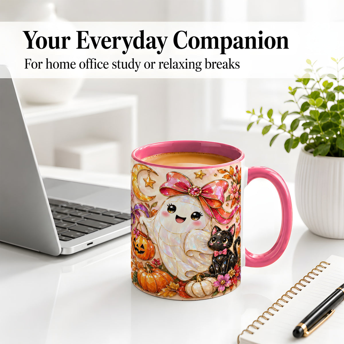#pl[11oz|Pink] Cute Halloween Ghost Cat Ceramic Mug, Pumpkin Moon Artwork