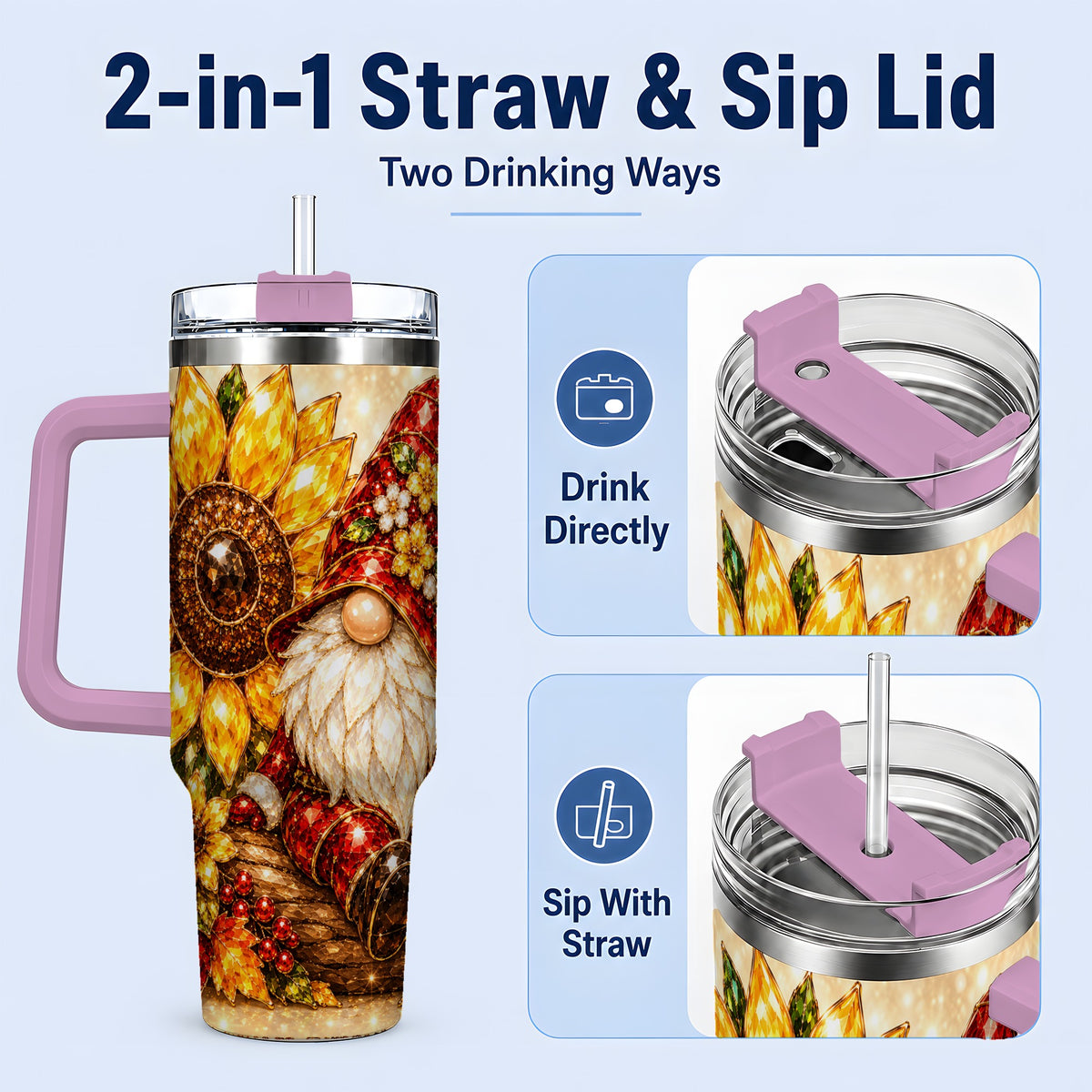 #pl[40oz|Pink] Autumn Gnome Tumbler 40oz, Sunflower Maple Leaf Fall Garden Artwork