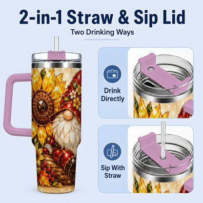 #pl[40oz|Pink] Autumn Gnome Tumbler 40oz, Sunflower Maple Leaf Fall Garden Artwork