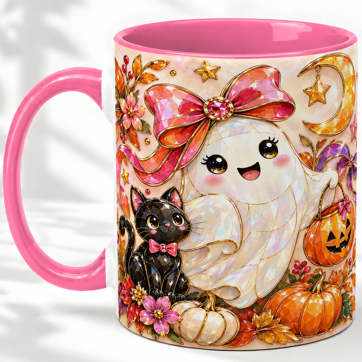 #pl[11oz|Pink] Cute Halloween Ghost Cat Ceramic Mug, Pumpkin Moon Artwork