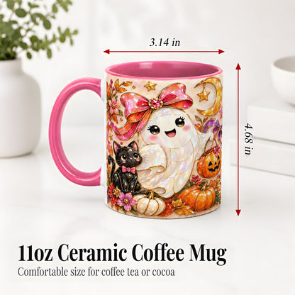 #pl[11oz|Pink] Cute Halloween Ghost Cat Ceramic Mug, Pumpkin Moon Artwork