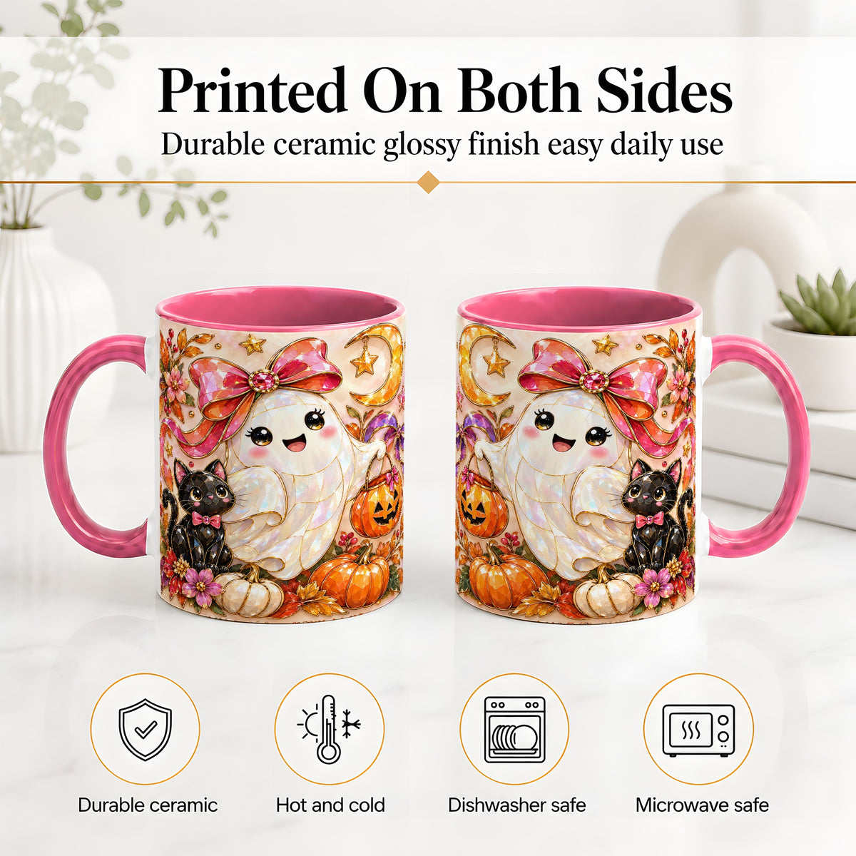 #pl[11oz|Pink] Cute Halloween Ghost Cat Ceramic Mug, Pumpkin Moon Artwork